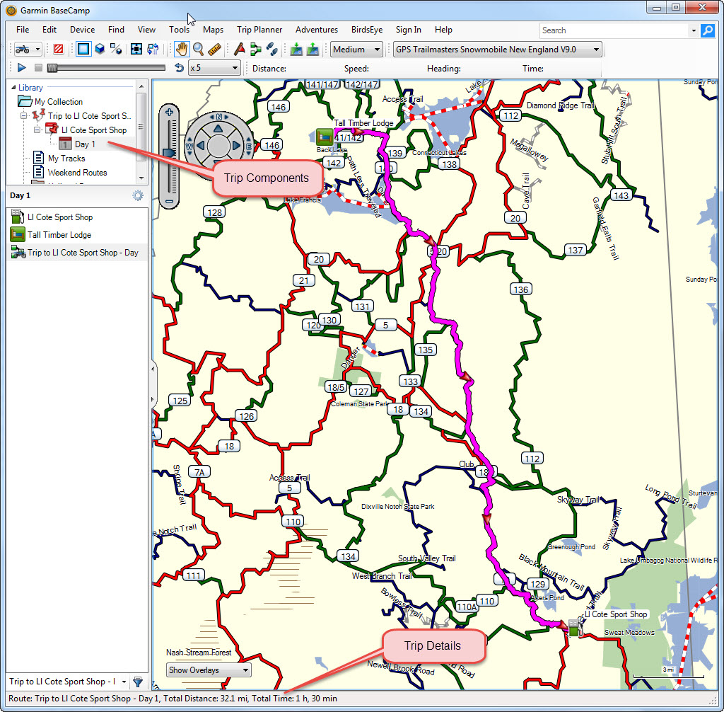 Shortest distance route created with BaseCamp Trip Planner